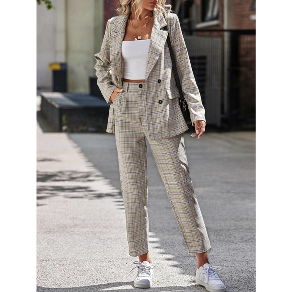 2 piece set pantsuit Plaid Double Breasted Blazer & dress Pants gray - Picture 4 of 8